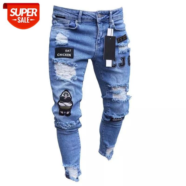 

2020 men stylish ripped jeans pants biker slim straight hip hop frayed denim trousers new fashion skinny jeans men european size #bf7d, Black