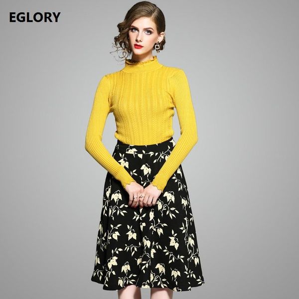 

women's suits & blazers european fashion set 2021 winter ladies knitted yellow sweater+floral print black swing skirt suit casual stree, White;black