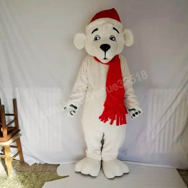 Cappello rosso di Halloween Costume della mascotte dell'orso bianco Personaggio dei cartoni animati di alta qualità Carnevale Unisex Adulti Taglia Natale Festa di compleanno Vestito operato