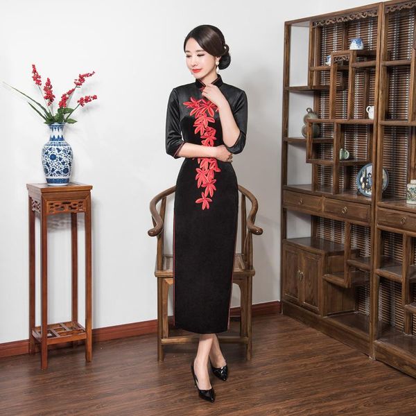

traditional chinese velvet purple dress women's long cheongsam sz s-4xl, Red
