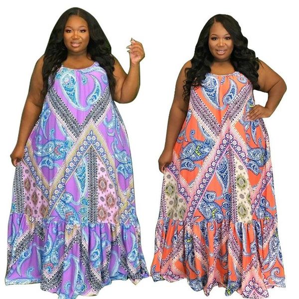 

casual dresses donsignet fashion summer women clothes print plus size spaghetti strap dress floor-length, Black;gray