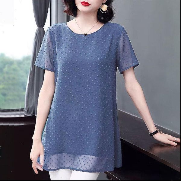 

2021 new women casual o neck summer blouses chiffon solid short sleeve loose plus size blouas ladies shirt, White