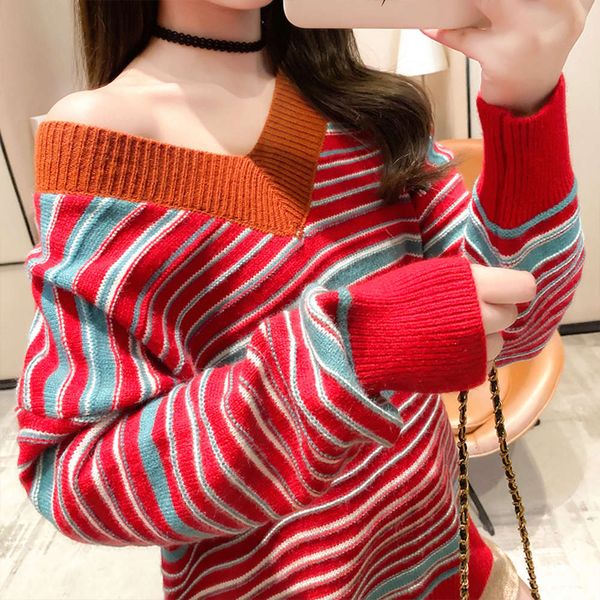 

striped women's autumn and winter clothing 2021 new foreign style loose sweater with thickened backing, White;black