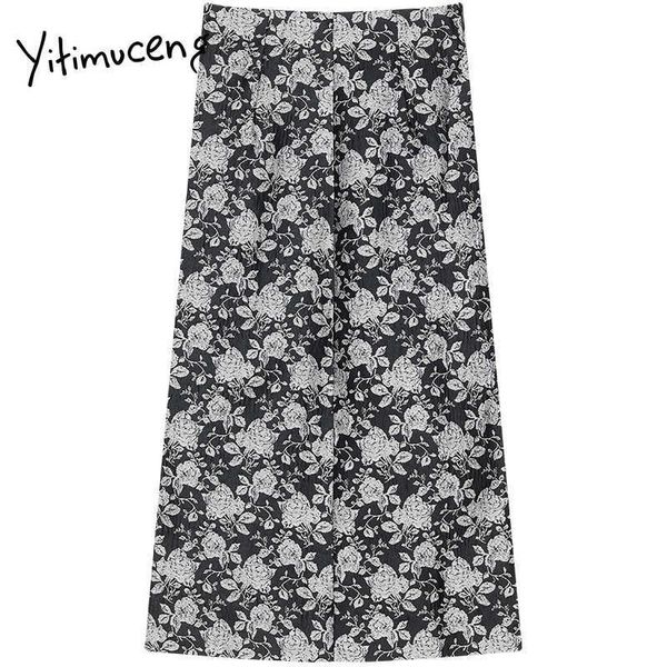 

yitimuceng vintage floral pint zipper skirt women high waist mini a-line solid black summer korean fashion skirts 210601