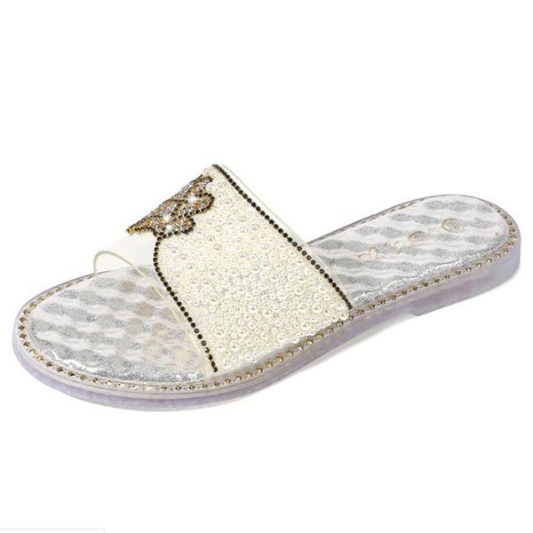 

slippers transparent women summer wild flat bottom rhinestones word drag fashion outer wear beach shoes xx160, Black