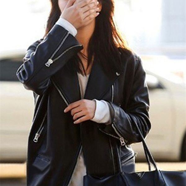 

bf wind new haining leather women's mid long loose sheepskin motorcycle jacket star coat, Black