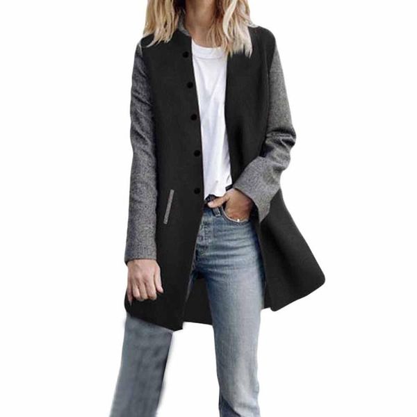 

women's wool & blends womens slim coats casual long sleeve patchwork fashion design cardigan jacket lady vintage winter autumn coat, Black