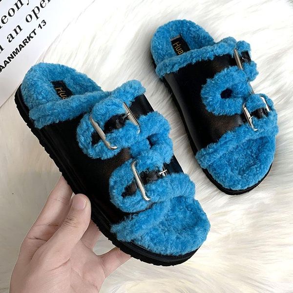 

slippers autumn winter plush belt buckle women's couples thick bottom soft fur warm outdoor fashion women shoes, Black