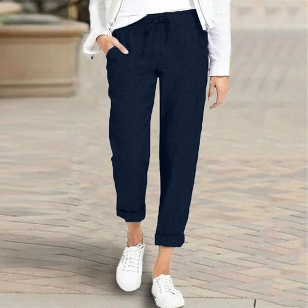 

women's pants & capris 40# solid color draw string casual loose pocket cotton linen for women casualÂ baggyÂ trousers pantalones de mujer, Black;white