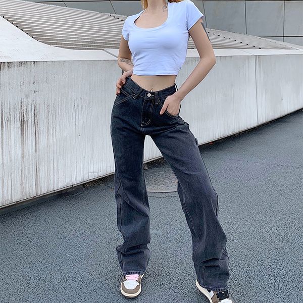 

2021 new high waist women smoke grey boyfriend retro fashion wide legs straight barrel baggy hip hop jeans wtiu, Blue