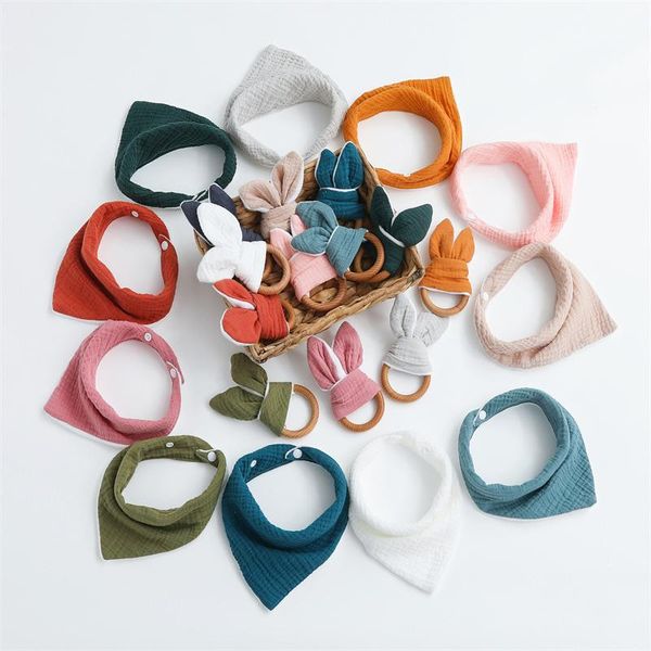 

12 colors baby cotton triangle bibs burp cloths & beech teethers set solid color kerchief infant saliva bib wooden chews rabbit ears teether
