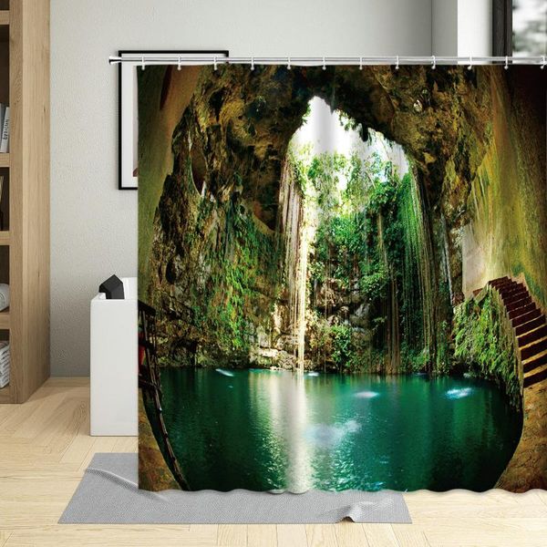 

shower curtains cave natural curtain hook forest green plants waterfall landscape wall decoration hanging polyester bathroom set