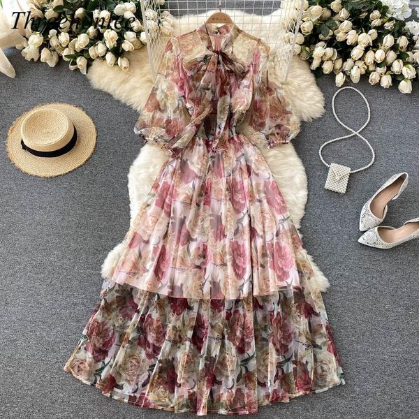 

casual dresses retro women dress summer a-line o-neck chiffon floral print lady puff sleeve pullover mid-calf female vestidos, Black;gray