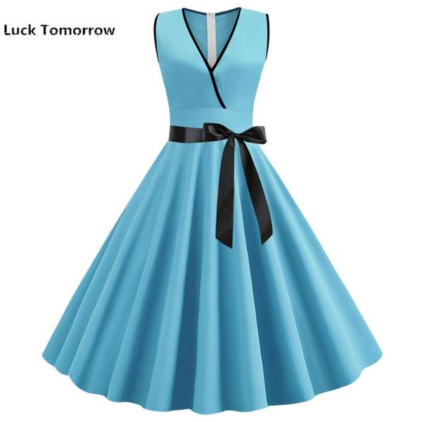 

women 2021 summer blue solid vintage dress deep v neck sleeveless party sundress elegant casual belt beach dress plus size, Black;gray