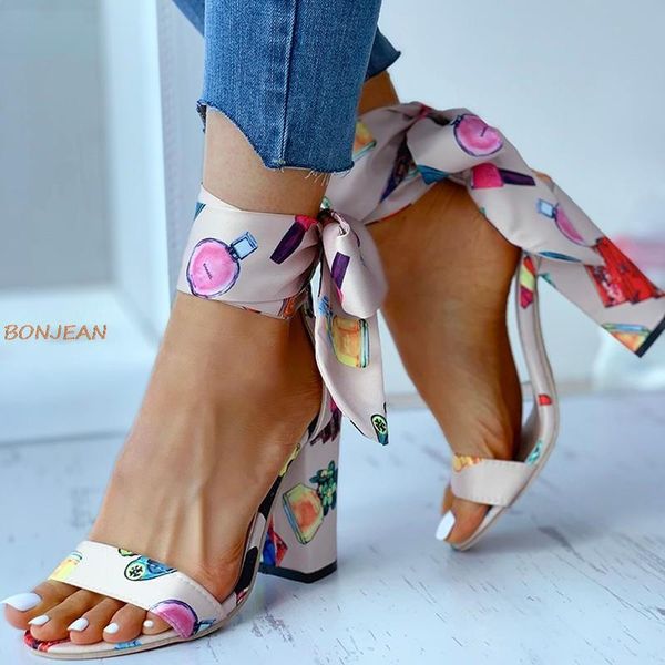 

sandals 2021 women summer high heels fashion lace up print shoes square heel casual party wedding ladies plus size pumps, Black