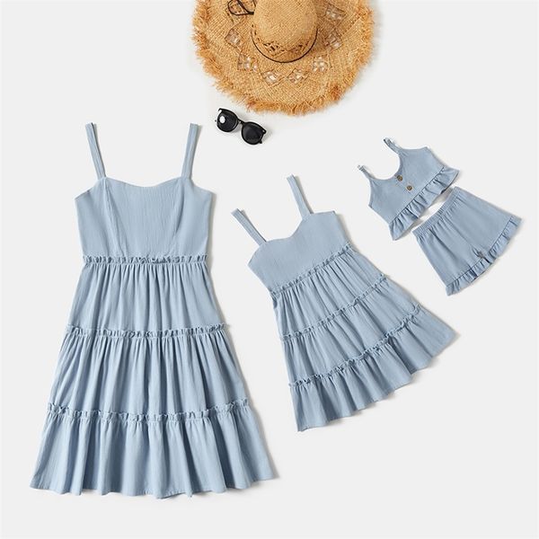 

solid sling dresses for mommy and me(baby girl 2-piece sets) 210528, Blue