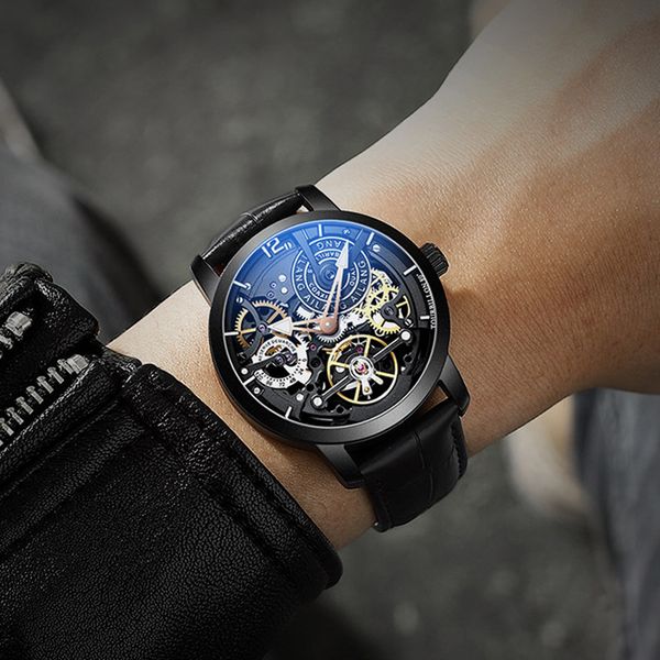 

ailang men's mechanical watch tourbillon luxury fashion leather brand sports watches mens automatic male, Slivery;brown