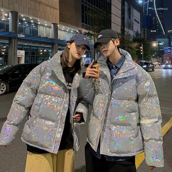 

man&woman harajuku shiny reflective jackets coats men parkas winter padded thick warm coat letter parka1, Black