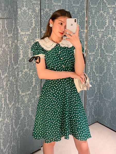 

new vintage lace embroidery collar green printed es for women 2021 summer runway designer short sleeve mini gyyp, Black;gray