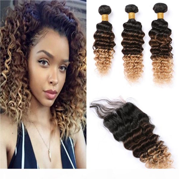 

three tone deep wave hair bundles with closure #1b 4 27 honey blonde deep wavy peruvian human hair weaves with lace closure 4x4, Black