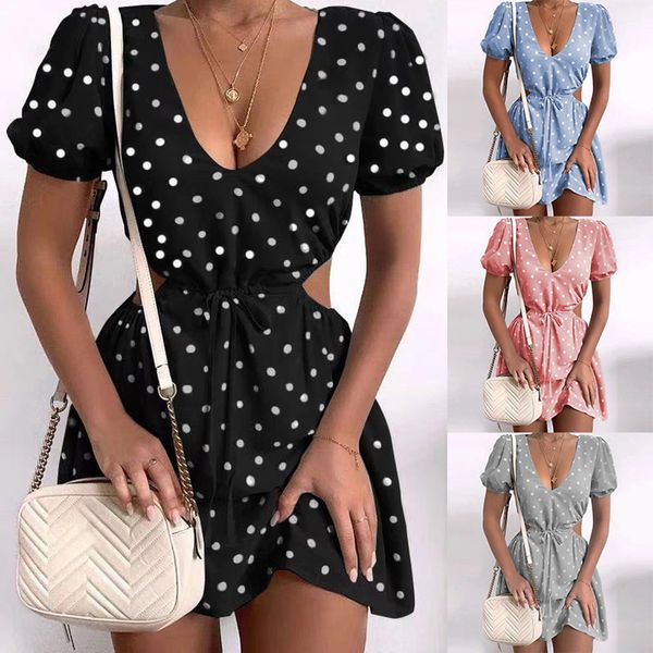 

fashion women dress ladies summer dot print v-neck hollow waist short sleeves dress mini dress beach vestidos sundress s-3xl, Black;gray