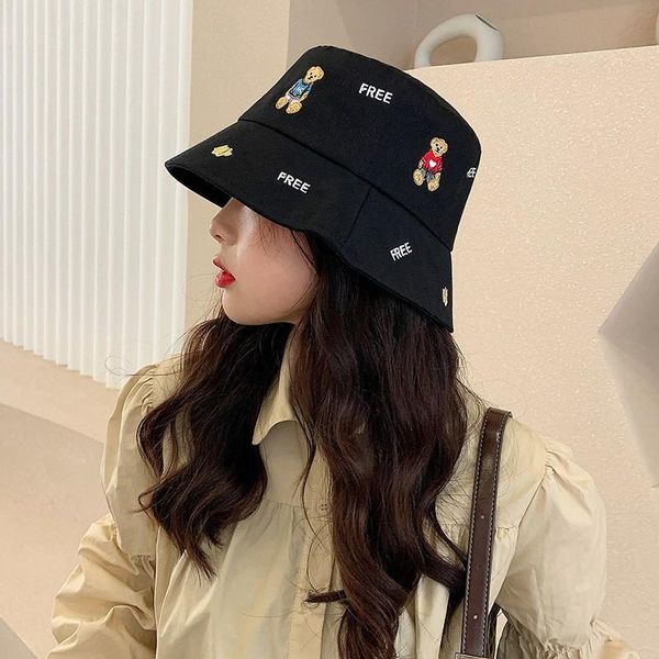 

wide brim hats korean bear embroidered bucket for women cartoon printed fisherman hat solid climbing outdoor sunscreen ladies sun, Blue;gray