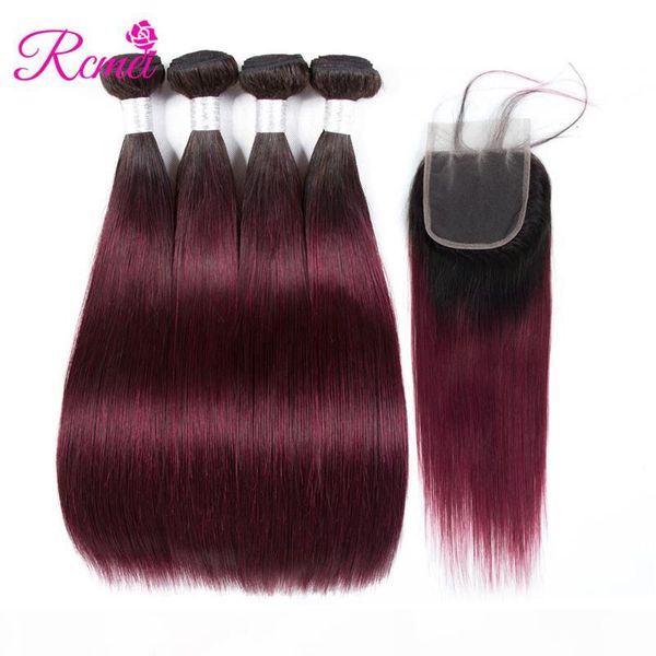 

ombre brazilian straight hair 1b 99j human hair bundles 4 bundle deal with 4*4 lace closure 1b 99j weaving hair extension ing, Black;brown