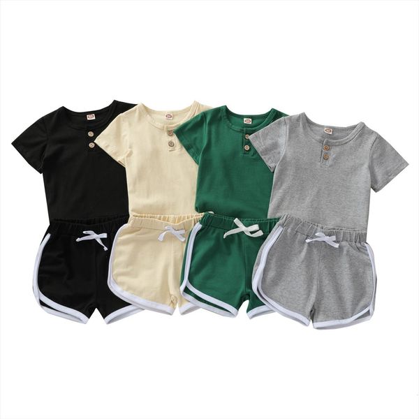 

kids suit set, summer boys solid color o neck short sleeve pants, black apricot green gray, 6 months 4, White