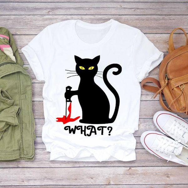 

cartoon cat funny animal fashion women halloween 90s print womens graphic shirt ladies female tee, White