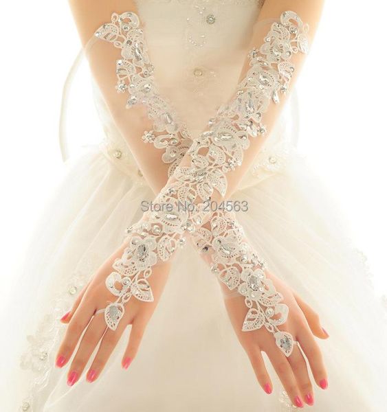 

bridal gloves vintage wedding party fingerless lace long with beads accessories, White