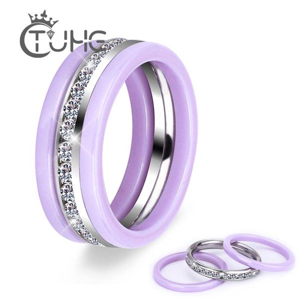 

wedding rings 3pcs/pack stainless steel three for lady paved cz zircon luxury princess women engagement ceramic ring purple jewelry, Slivery;golden