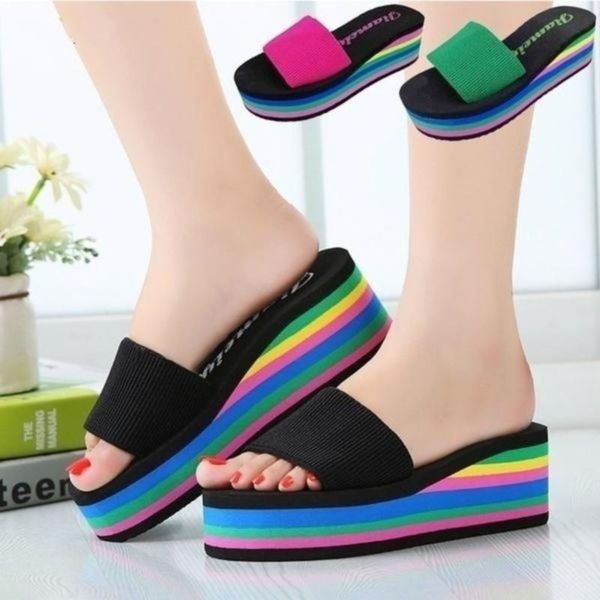 

slippers summer thick bottom non-slip beach shoes women fashion sandals female wild one word drag muffin wedge heels, Black