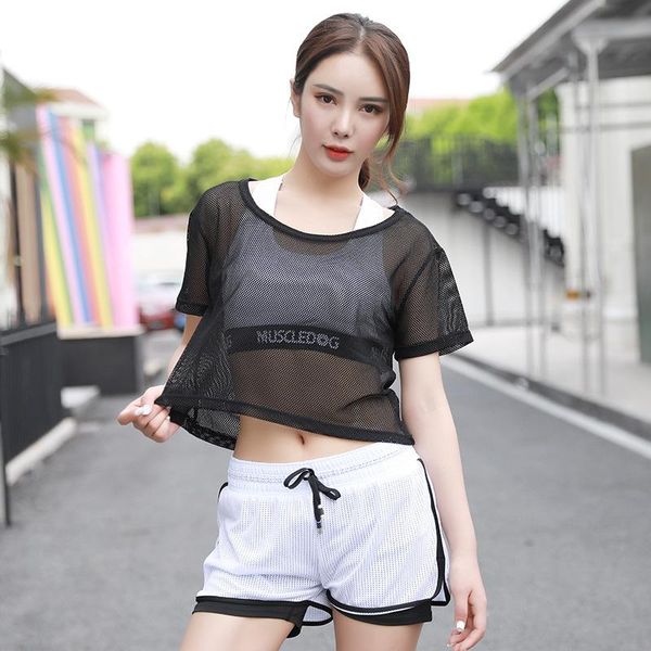 

two piece dress summer mesh suit women's running gym fitness suits fast dry professional lady loose korean version, White