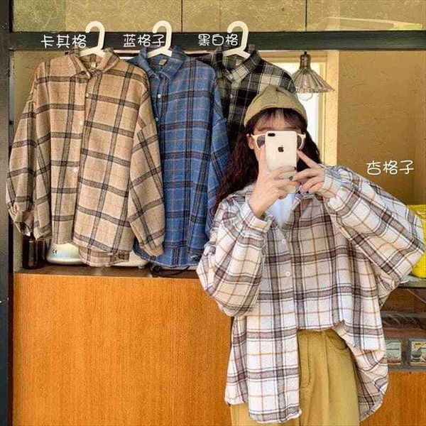 

turn-down collar spring plaid all-match women blouses bf batwing-sleeve loose outwear harajuku female 4 colors chic, White
