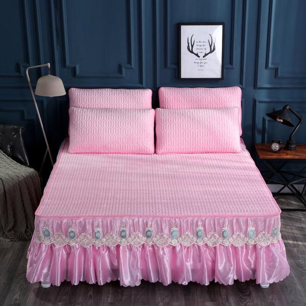 

bedding sets luxury fleece velvet solid color lace bed skirt winter warm quilted natural latex mattress 3pcs pillowcases twin size