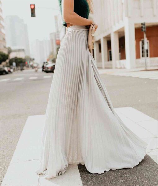 

fashion high waist pleated women skirts chiffon long maxi full length solid color summer swing casual, Black