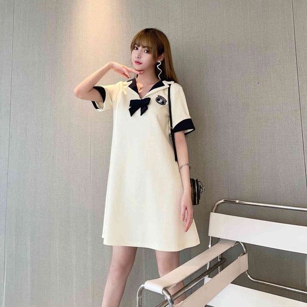 

g family 2021 summer new bow small lapel color matching dress, Black;gray