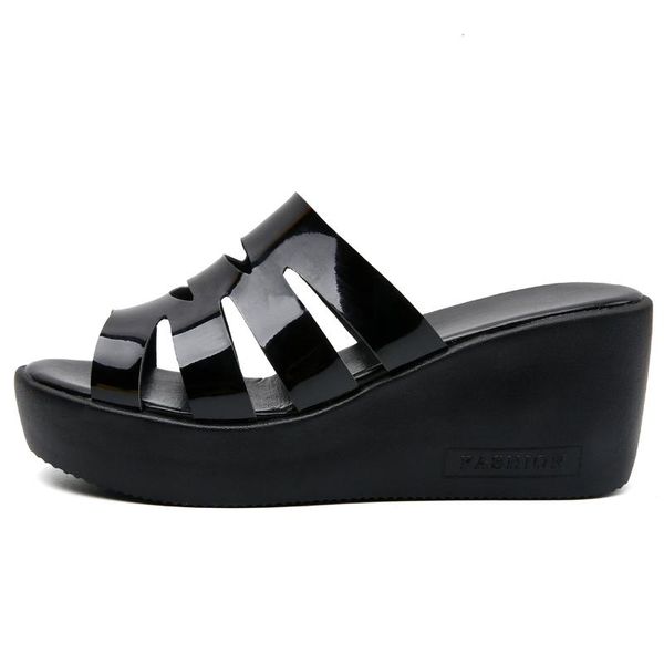 

sandals women slides 2021 arrivals genuine leather rubber outsole high heels wedge platform summer, Black