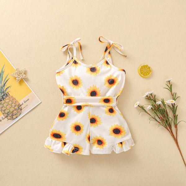 

girl's sunflower printed bodysuit, sleeveless button short pants lace-up sling jumpsuit with waistband, Black