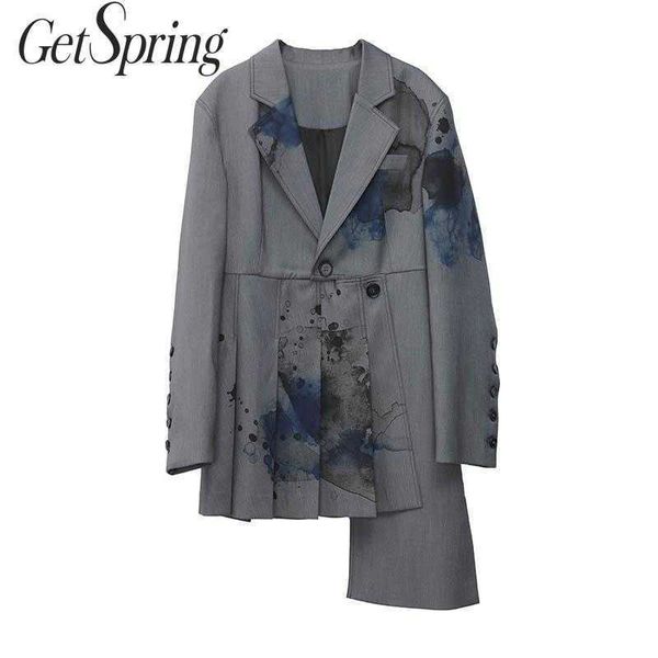 

getspring women blazer single button long sleeve ladies coat ink print pleated hem women's slim suit jacket 210601, White;black