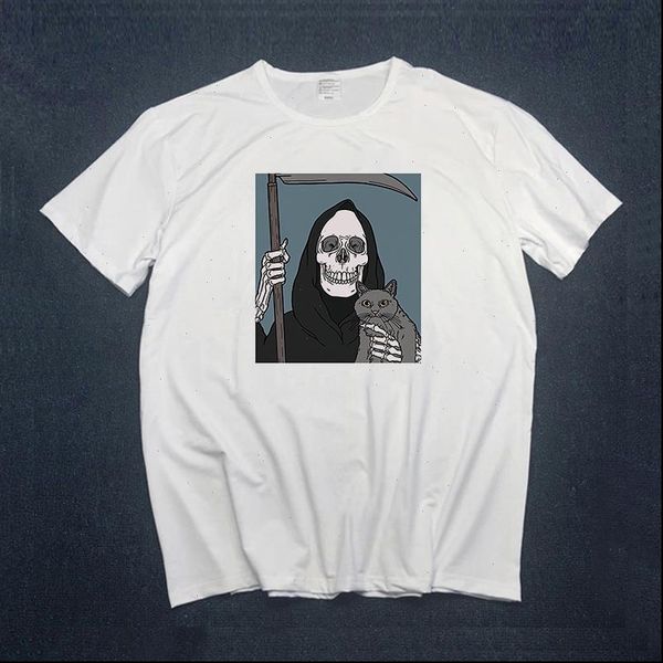 

graphic tees horro skull and skull cat print female t shirts cartoon femme short sleeve ullzang women clothes, White