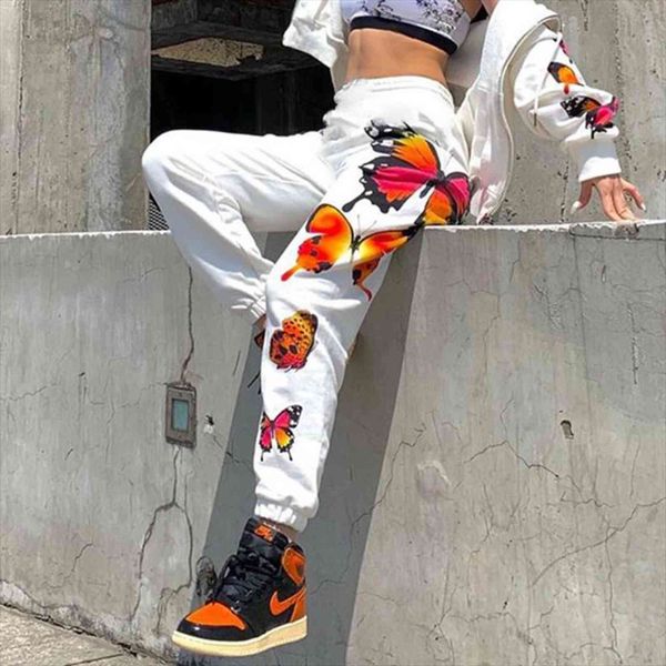 

white casual loose track women capri joggers high waist sweatpants butterfly print harajuku long trousers streetwear, Black;white