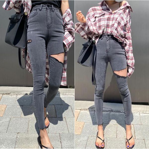 

women's jeans black grey plus denim pockets elastic skinny female basic slender women high waist trouse, Blue