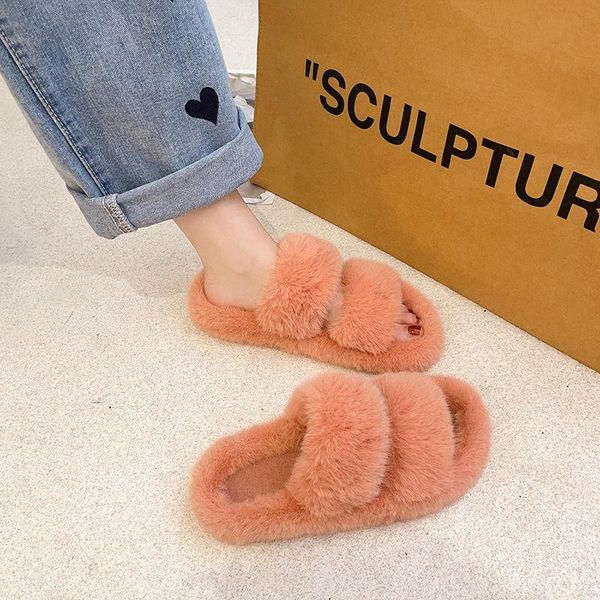 

slippers women shoes fashion warm fluffy faux fur cross indoor floor slides flat soft furry ladies female celebrities flip flops, Black