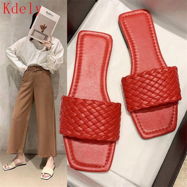 

slippers 2021 brand weave leather women sandal open toe flat casual slides summer outdoor beach female flip flops, Black