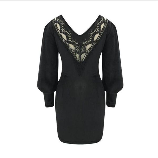 

casual dresses summer fashion streetwear women v-neck pure color lace long sleeve hollow out elegant tight black white s-3xl, Black;gray