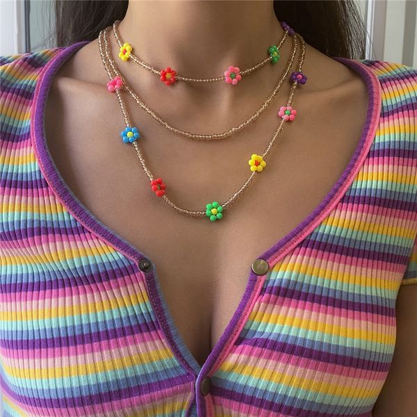 

european colorful acrylic flowers beaded necklaces ethnic style rice beads clavicle chain women multi layer summer vacation jewelry gift acc, Silver