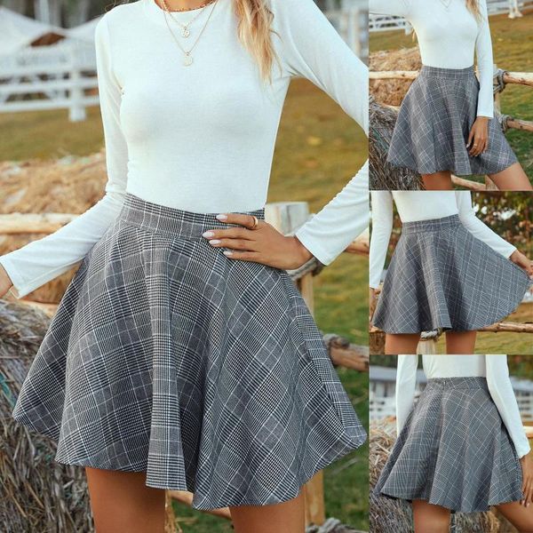 

skirts jaycosin fashion women plaid print high waist pleated casual skirt elegant loose big swing short a-line mini mujer faldas, Black