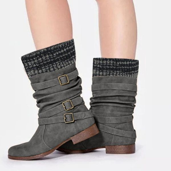 

boots mid tube retro women winter short boot buckle strap lady wide calf low heel socks warm suede shoes rome style botas, Black