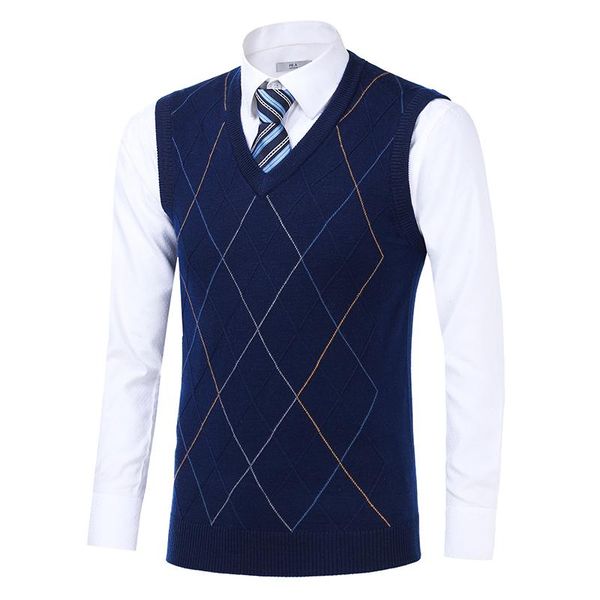 

men's vests male sweater vest autumn mens fashion argyle patterns wool sleeveless knit v-neck, Black;white